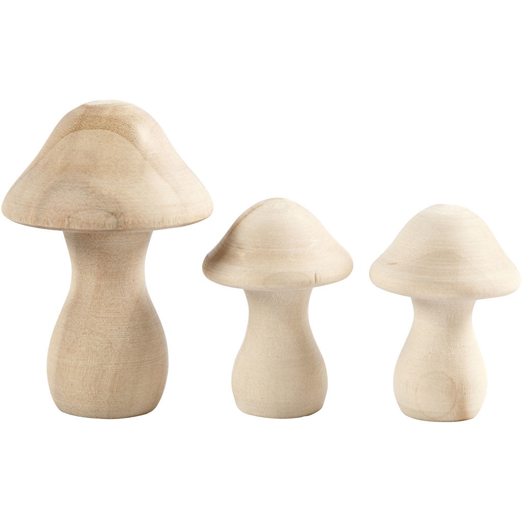 Houten paddestoelen, d 3,3+4,5 cm, afm 4,5+6,5 cm, 3 stuk/ 1 doos [HOB-56519]