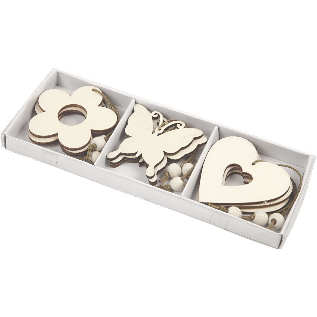 Houten decoraties, bloem, vlinder, hart, afm 6 cm, 9 stuk/ 1 doos [HOB-56731]