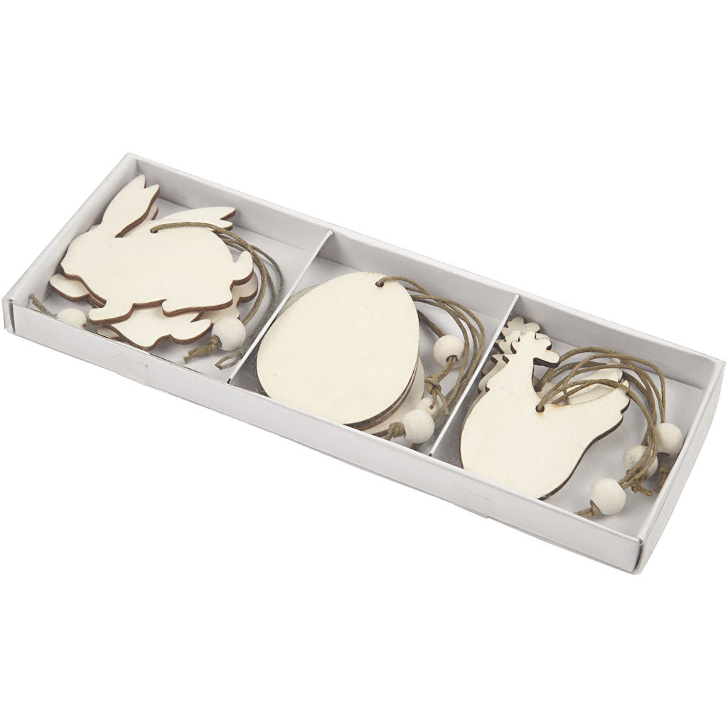 Houten decoraties, konijn, ei, kip, afm 6 cm, dikte 3 mm, 9 stuk/ 1 doos [HOB-56732]