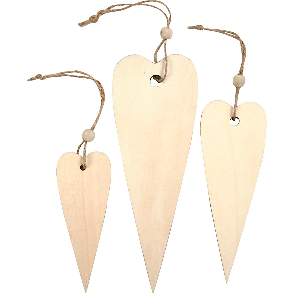 Wooden Ornament, long heart, H: 12+16+20 cm, thickness 5 mm