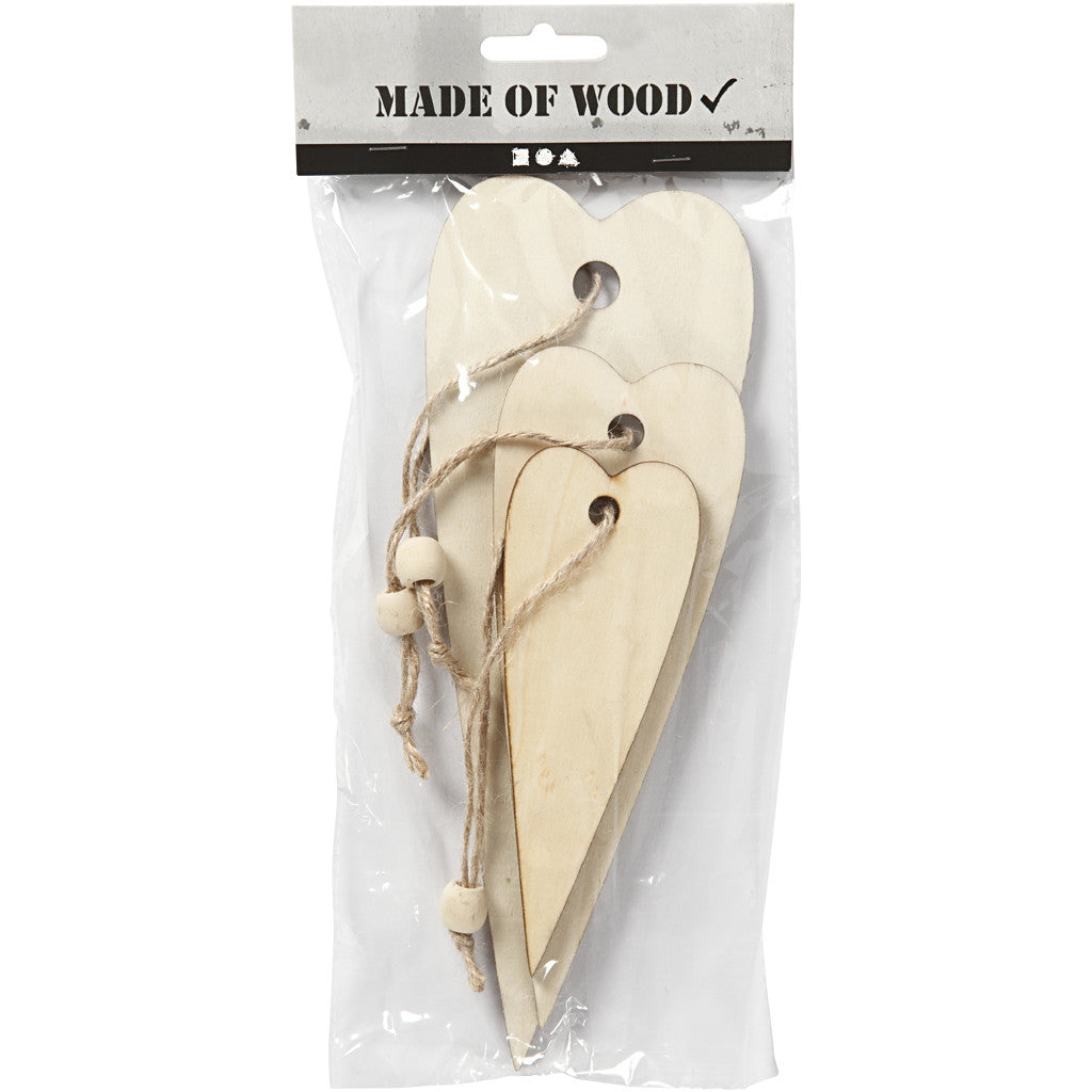 Houten decoraties, lang hart, H: 12+16+20 cm, dikte 5 mm, 3 stuk/ 1 doos [HOB-56735]