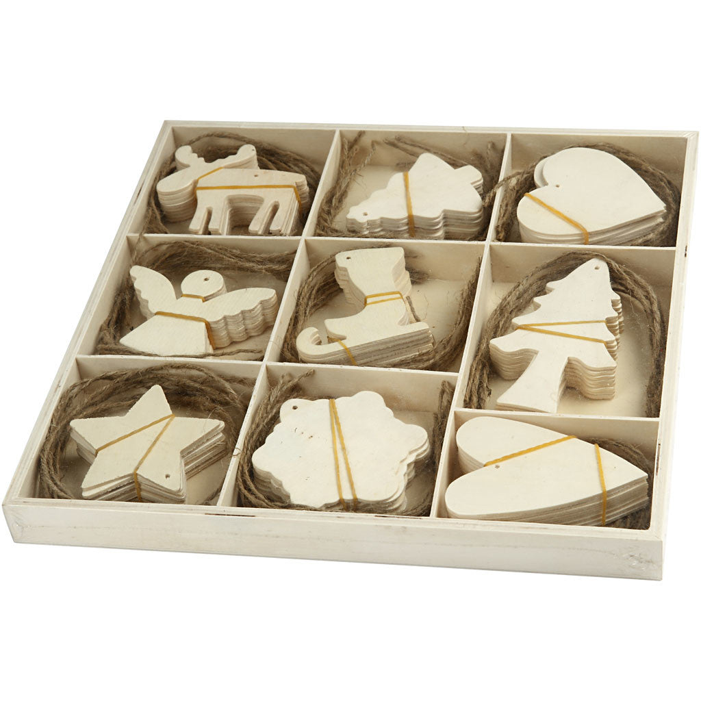 Houten decoraties, Kerst, afm 7-8 cm, 72 stuk/ 1 doos [HOB-56742]