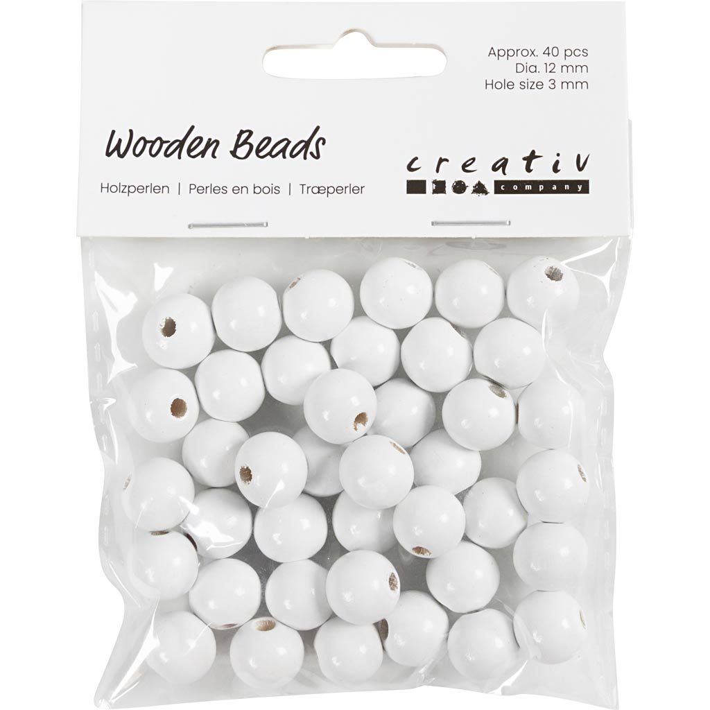 Wooden Beads, dia. 12 mm, hole size 3 mm, ca. 40 pc, white, 22 g