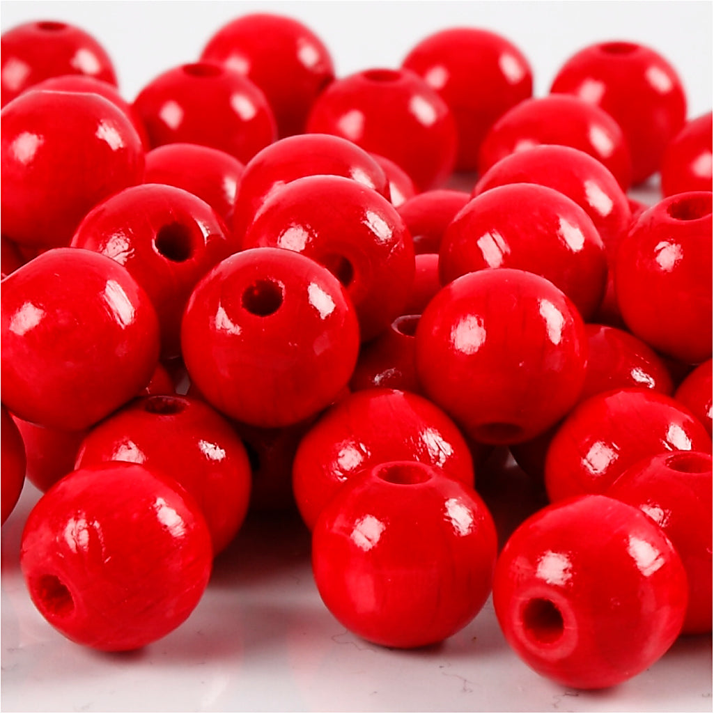 Wooden Beads, dia. 12 mm, hole size 3 mm, ca. 40 pc, red, 22 g