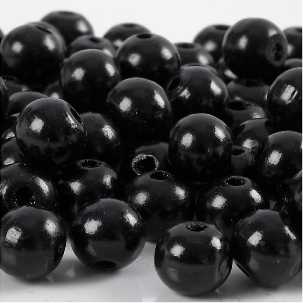 Wooden Beads, dia. 10 mm, hole size 3 mm, ca. 70 pc, black, 20 g