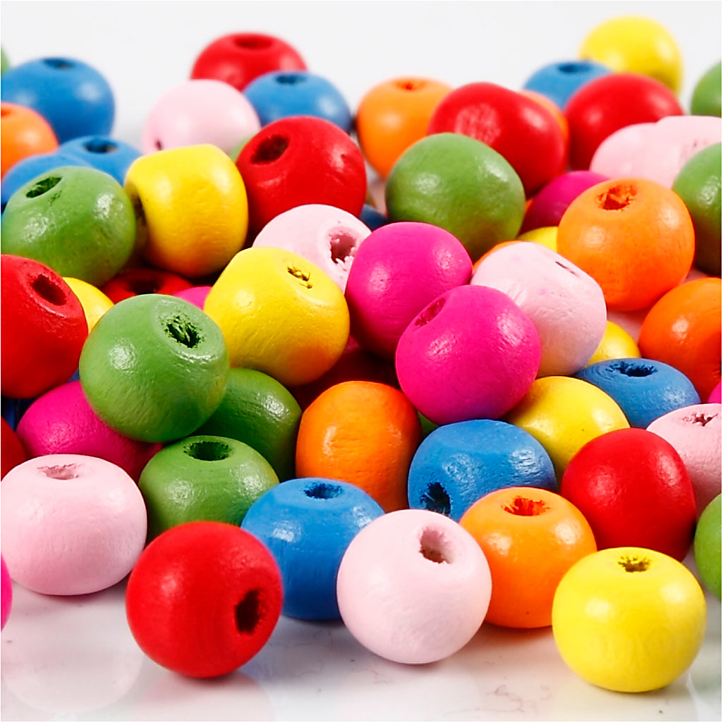 Wooden Beads, dia. 8 mm, hole size 1,5-2 mm, ca. 90 asstd., assorted colours, 16 g