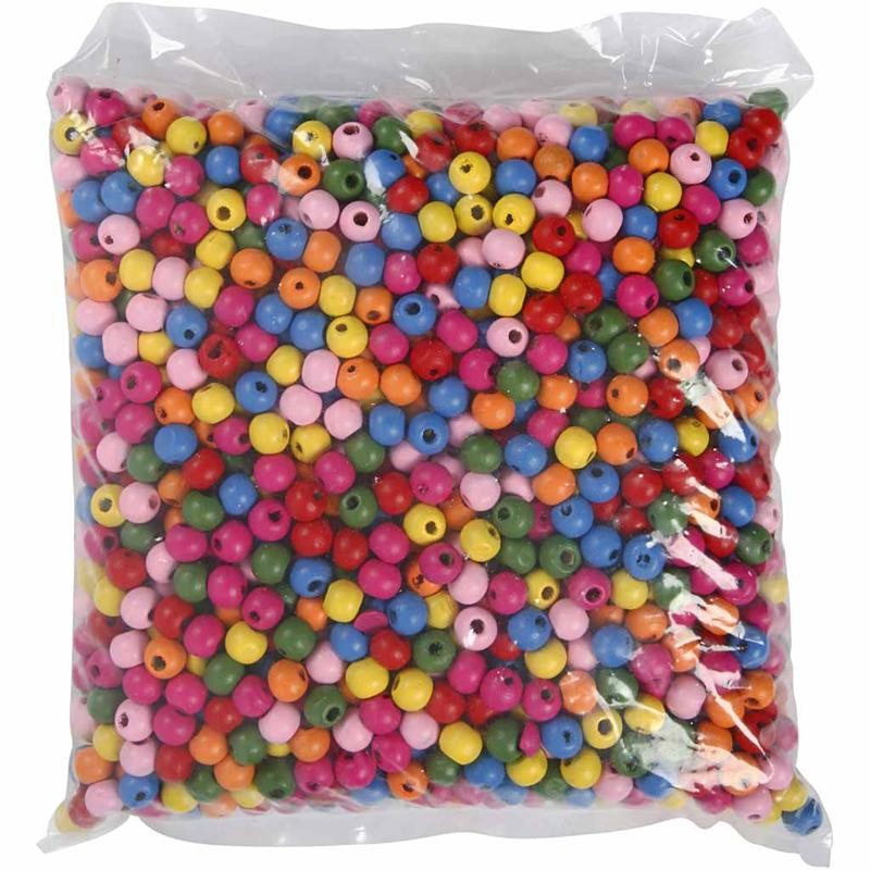 Houten kralen, d 10 mm, gatgrootte 2,5-3 mm, ca. 1500 stuk, diverse kleuren, 500 gr/ 1 zak [HOB-57123]