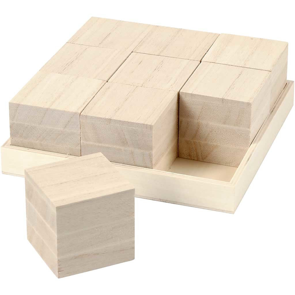 Houten blokken, afm 4x4x4 cm, 9 stuk/ 1 doos [HOB-57398]