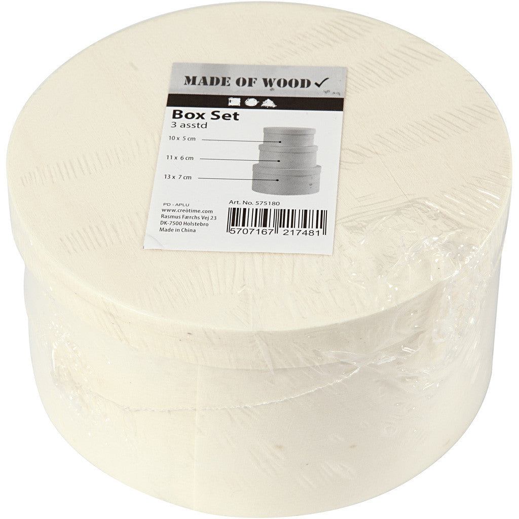 Ronde fineer doos, H: 5,4+6,5+7,3 cm, d 10+11+13 cm, 3 stuk/ 1 set [HOB-575180]