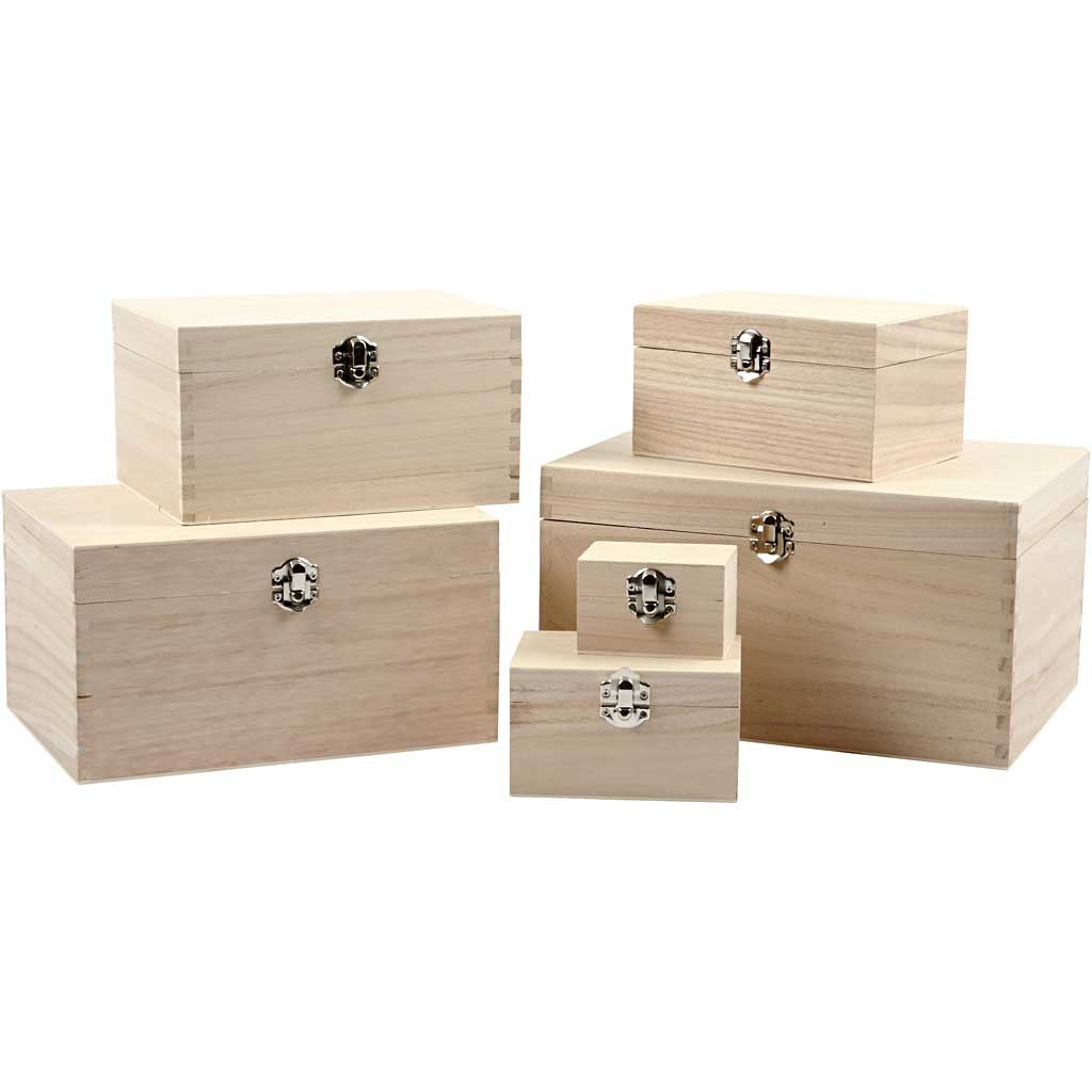 Set houten dozen, H: 5+7+9+11+13+15 cm, L: 8+11,8+15,8+20+24+27,7 cm, B: 5,8+8,8+12+15+18+21 cm, 6 stuk/ 1 set [HOB-57542]