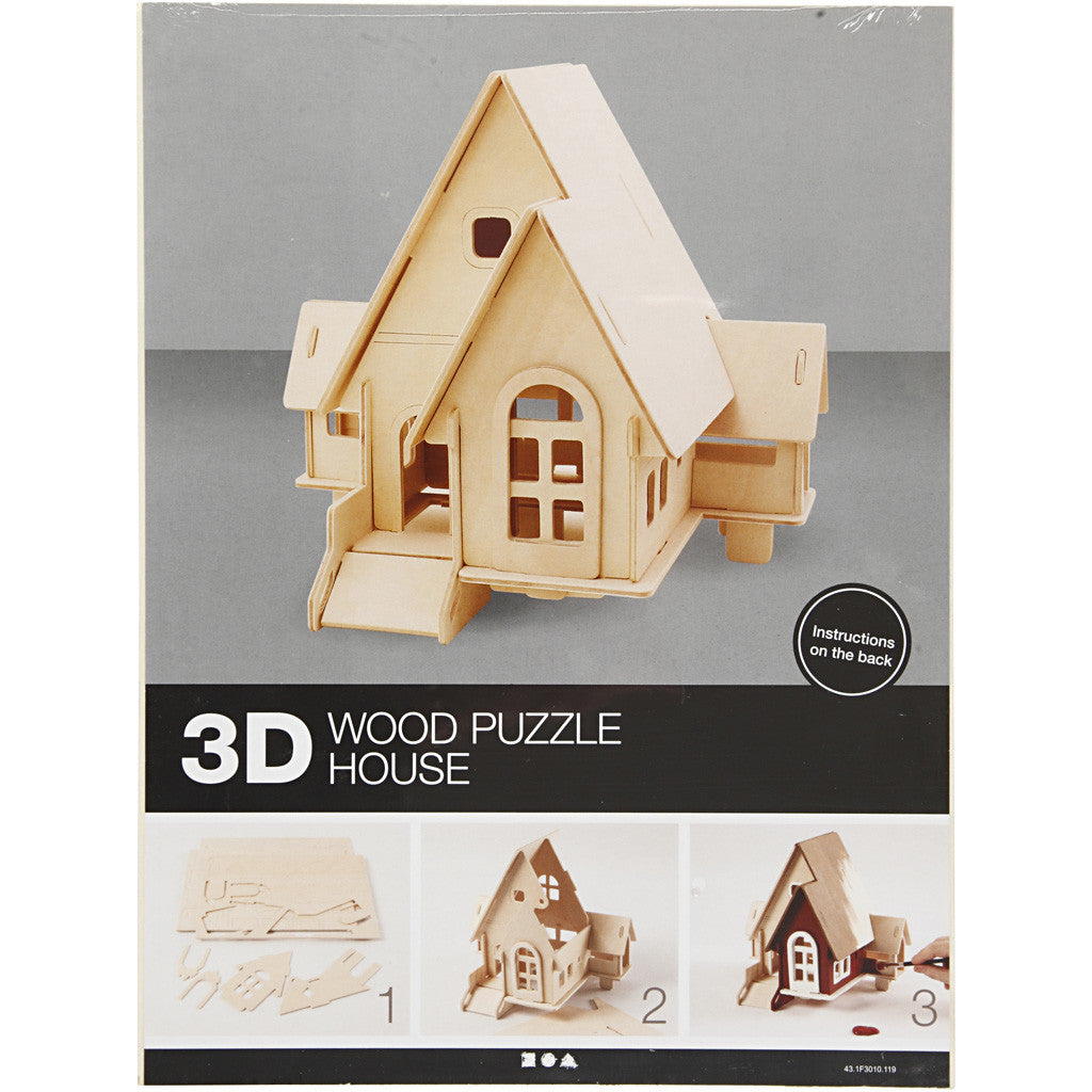 3D Houten Constructie Set, Huis met veranda, afm 22,5x17,5x20,5, 1 stuk [HOB-57874]