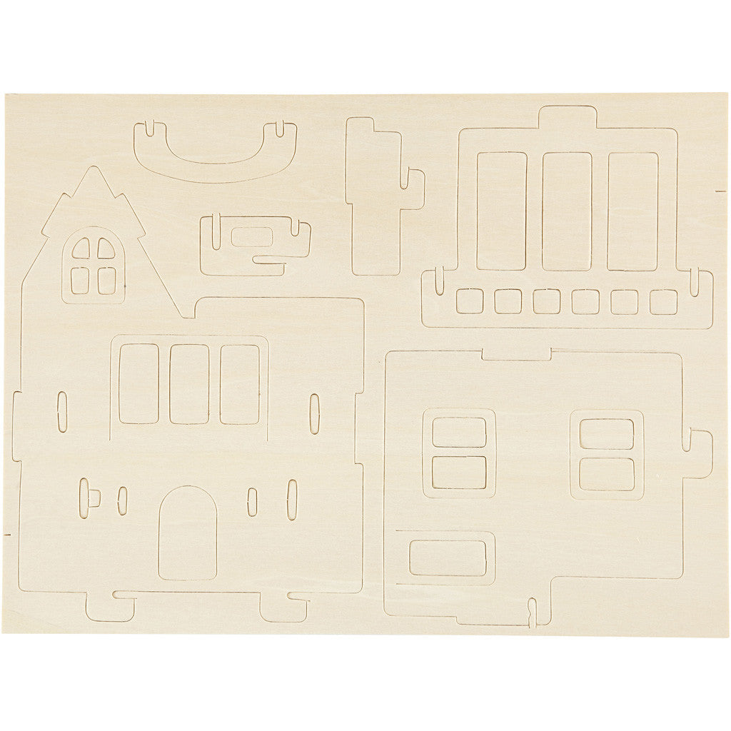 3D Houten Constructie Set, Huis met balkon, afm 15,8x17,5x19,5, 1 stuk [HOB-57877]