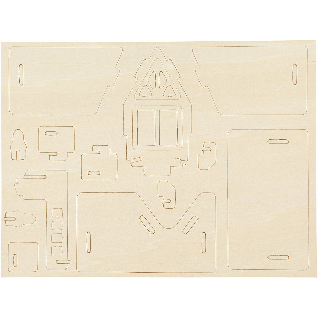 3D Houten Constructie Set, Huis met balkon, afm 15,8x17,5x19,5, 1 stuk [HOB-57877]