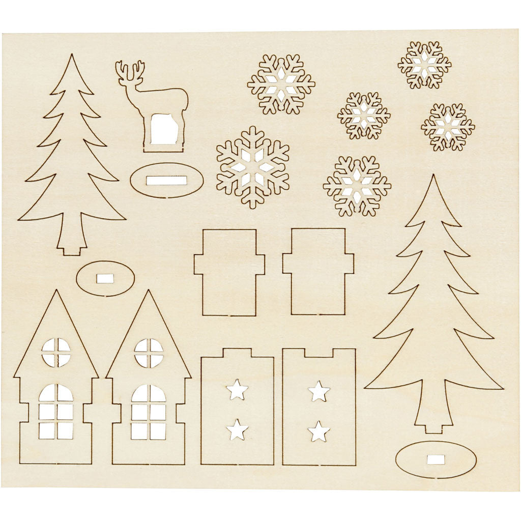 DIY Houten figuren, huis, bomen, hert, L: 15,5 cm, B: 17 cm, dikte 3 mm, 1 doos [HOB-57888]