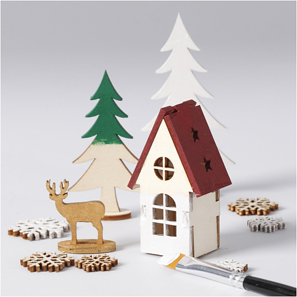 DIY Houten figuren, huis, bomen, hert, L: 15,5 cm, B: 17 cm, dikte 3 mm, 1 doos [HOB-57888]