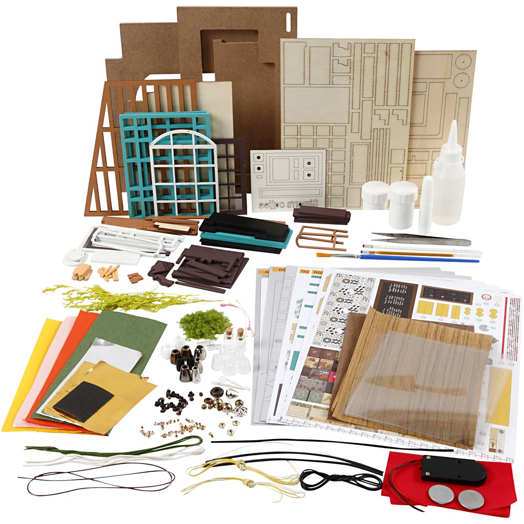 DIY Miniatuur kamer, Koffiehoek, H: 19 cm, L: 22,6 cm, B: 19,4 cm, 1 stuk [HOB-578921]