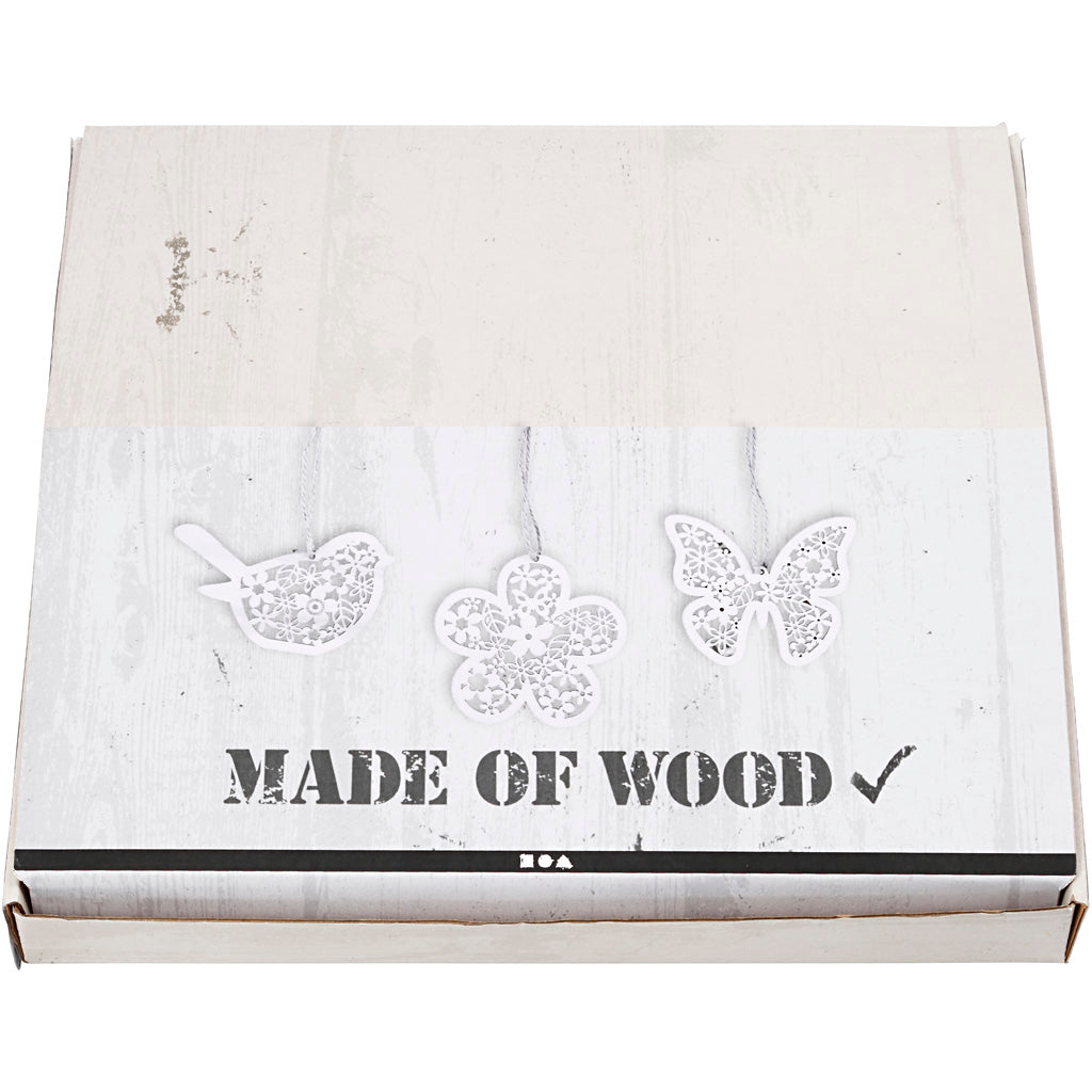 Houten figuren, vlinder, bloem en vogel, H: 10 cm, B: 10 cm, 90 stuk/ 1 doos [HOB-57971]