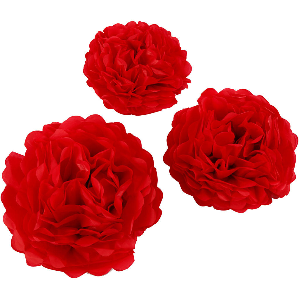 Pompon van papier, d 20+24+30 cm, 16 gr, rood, 3 stuk/ 1 doos [HOB-590003]