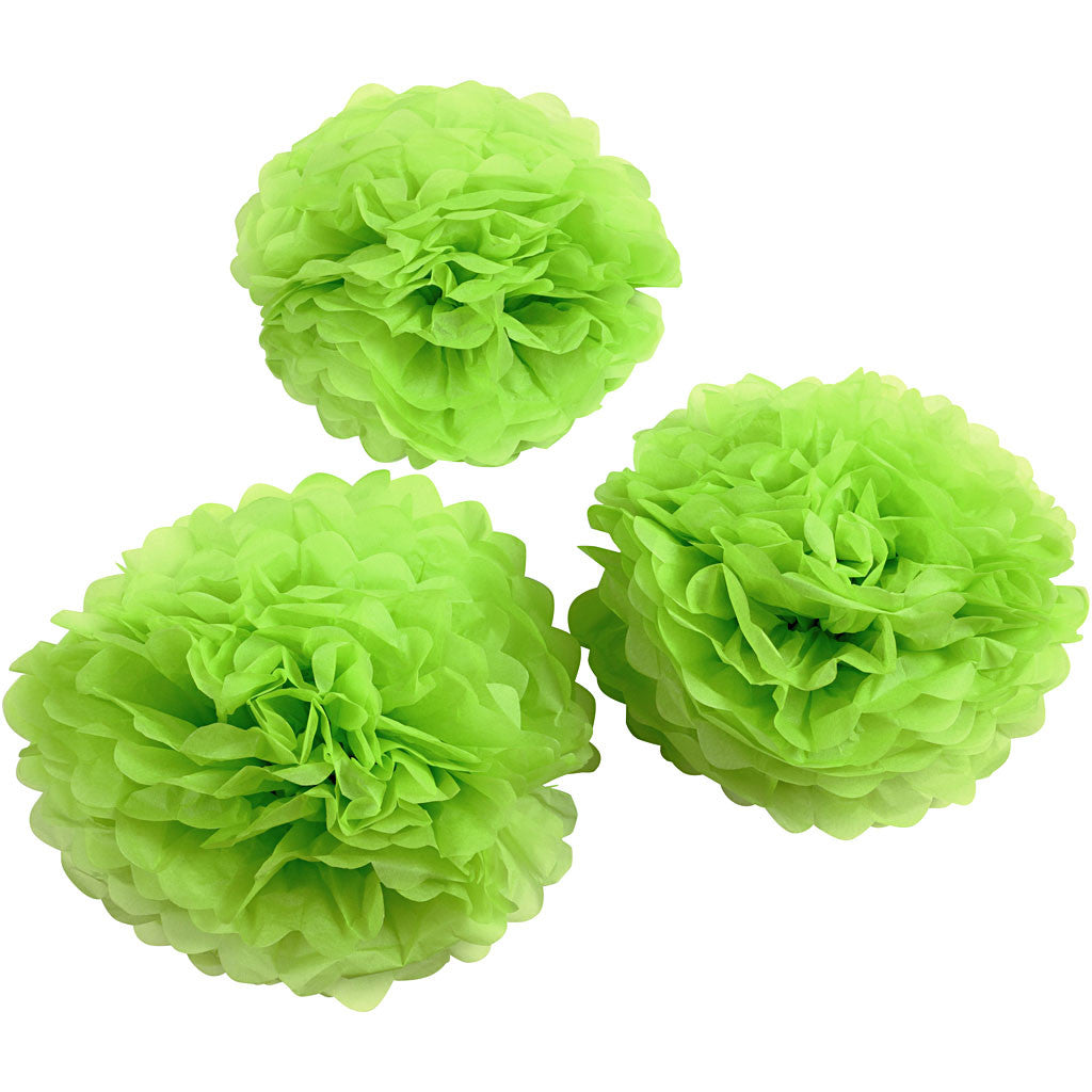 Pompon van papier, d 20+24+30 cm, 16 gr, lime groen, 3 stuk/ 1 doos [HOB-590007]