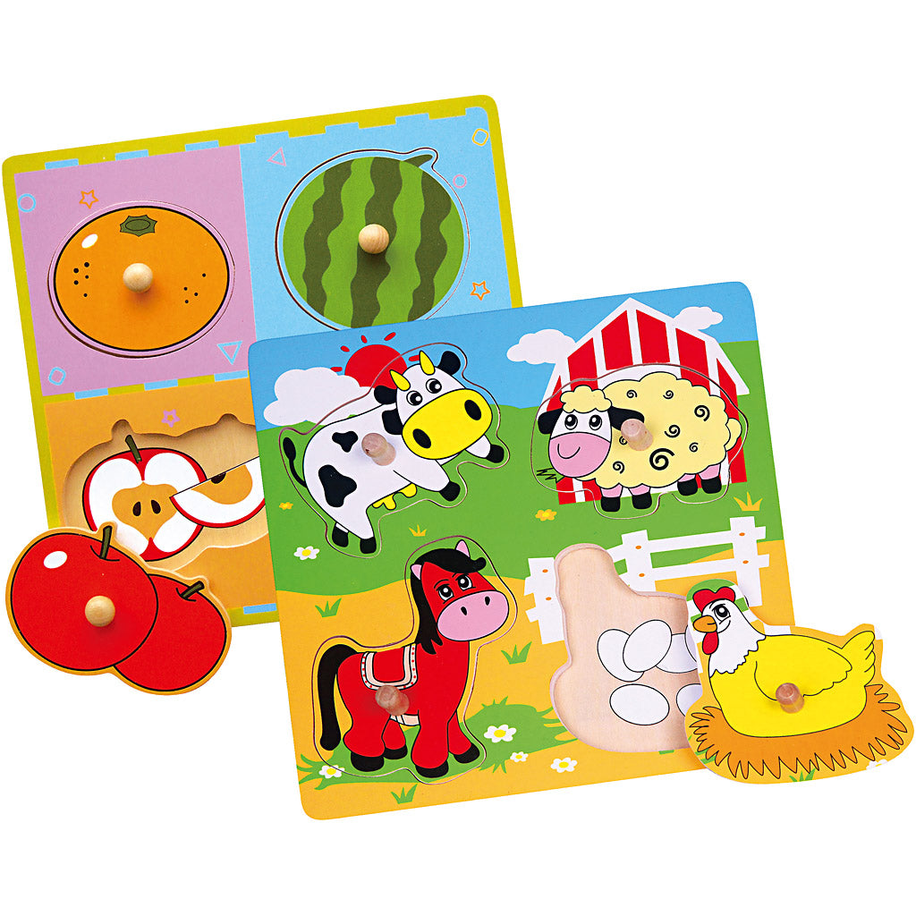 VIGA houten legpuzzels met knoppen, fruit en boerderijdieren, afm 22x22 cm, 2x4 delen, 2 onderdelen/ 1 set [HOB-908524]