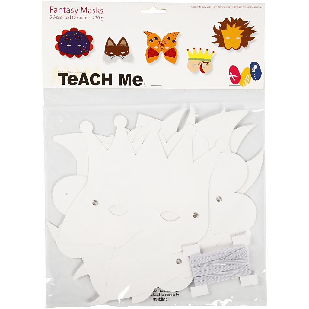 Fantasiemaskers - Inclusief elastiek, H: 15-20 cm, 230 gr, wit, 5 stuk/ 1 doos [HOB-592600]