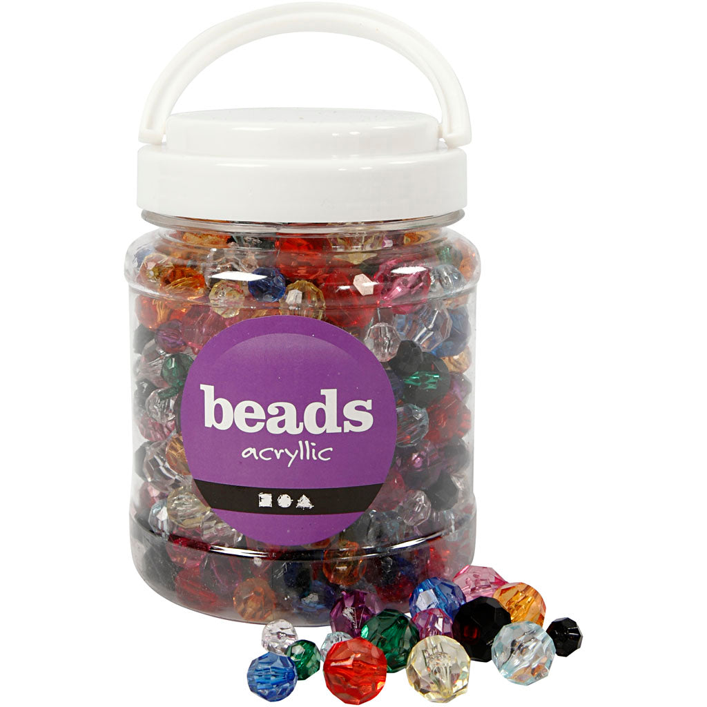 Faceted Beads, size 10-12-16 mm, hole size 1-2,5 mm, ca. 440 asstd., assorted colours, 500 g, 700 ml/ 1 tub