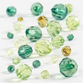 Facet kralen, afm 4-12 mm, gatgrootte 1-2,5 mm, ca. 170 stuk, groen glitter, 45 gr/ 1 doos [HOB-618811]