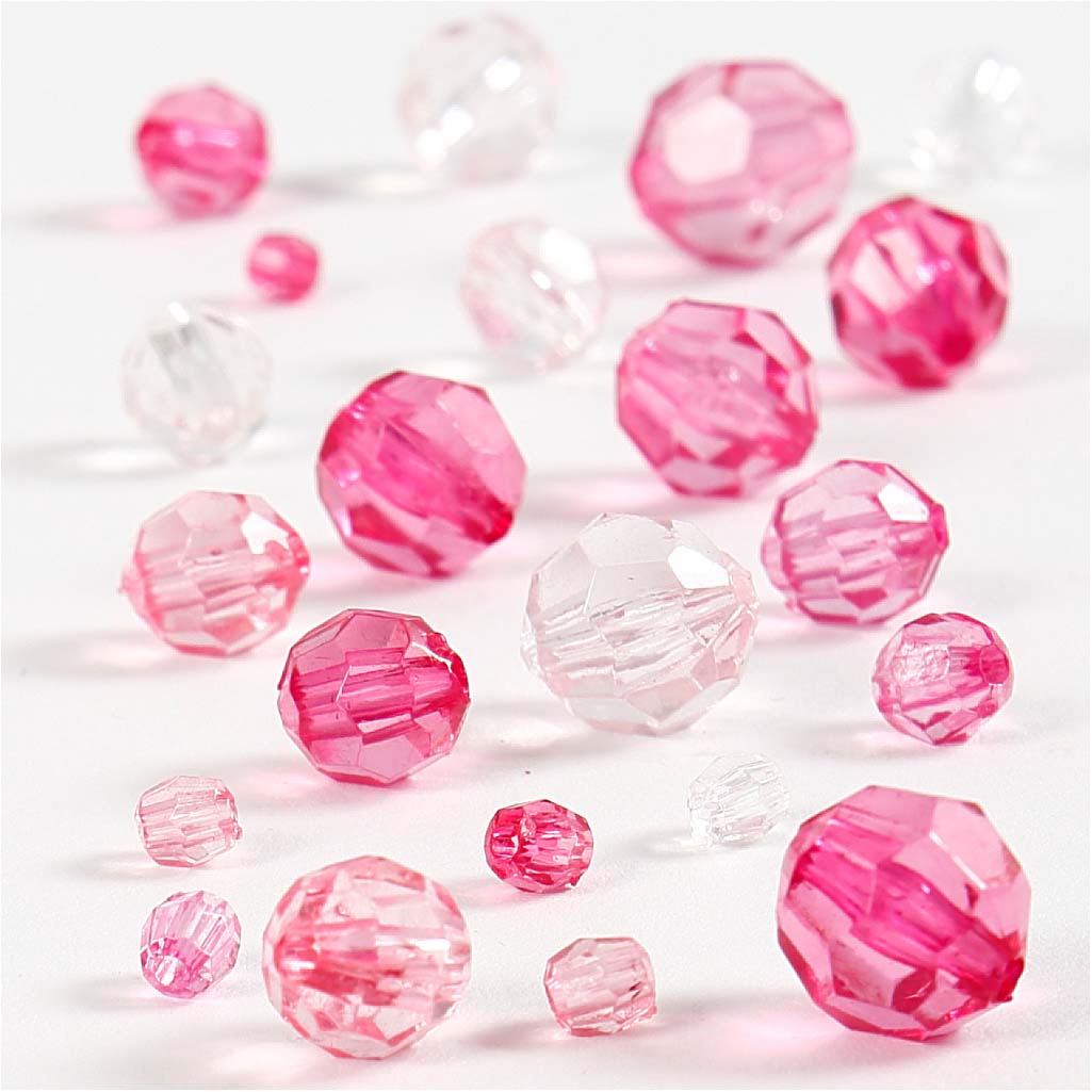Faceted Bead Mix, size 4-12 mm, hole size 1-2,5 mm, pink, 45g