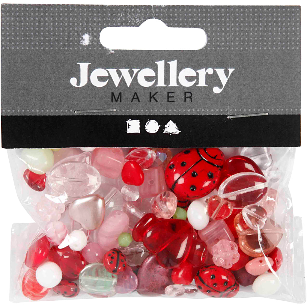 Glazen kralen, Lieveheersbeestjes, blaadjes, harten, afm 5-22 mm, gatgrootte 0,5-1,5 mm, diverse kleuren, 60 gr/ 1 doos [HOB-684230]