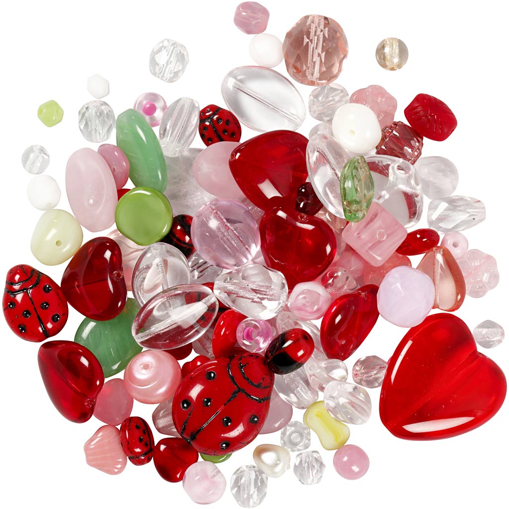 Glazen kralen, lieveheersbeestje, bladeren, harten, d 5-22 mm, gatgrootte 0,5-1,5 mm, diverse kleuren, 350 gr/ 1 doos [HOB-68423]