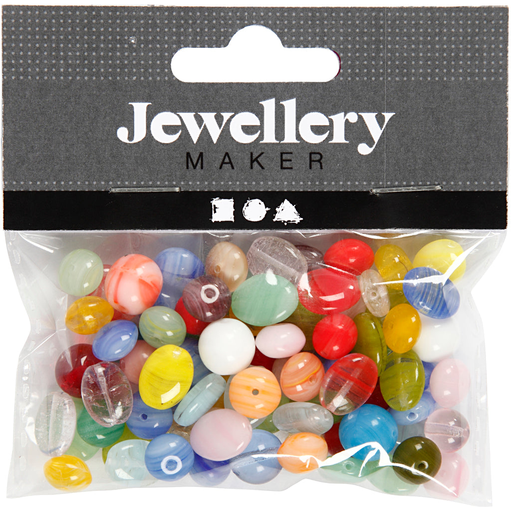 Glazen kralen, rond, ovaal, cirkel, d 6-13 mm, gatgrootte 0,5-1,5 mm, diverse kleuren, 60 gr/ 1 doos [HOB-684250]