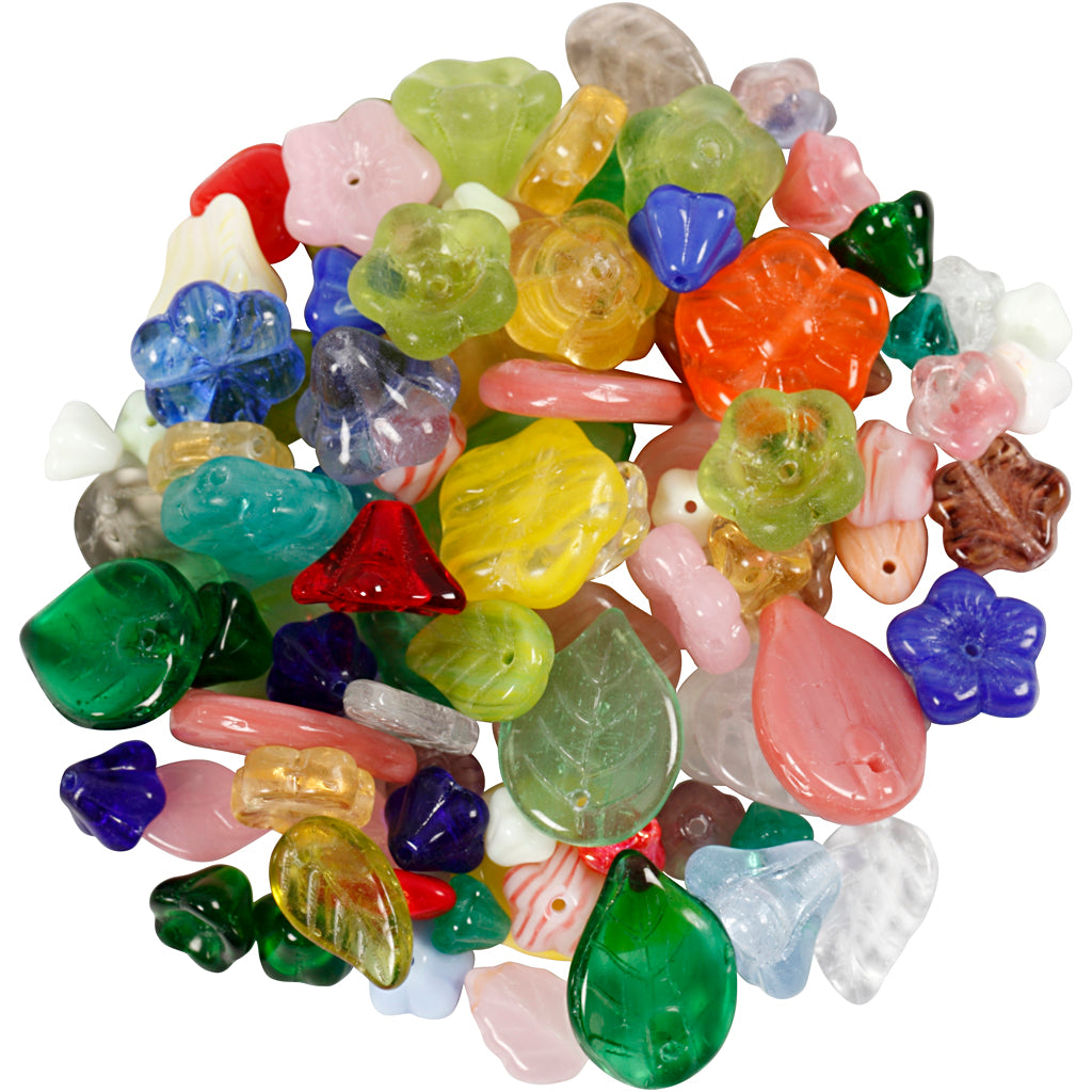 Glazen kralen, bladeren, bloemen, d 6-17 mm, gatgrootte 0,5-1,5 mm, diverse kleuren, 60 gr/ 1 doos [HOB-684260]