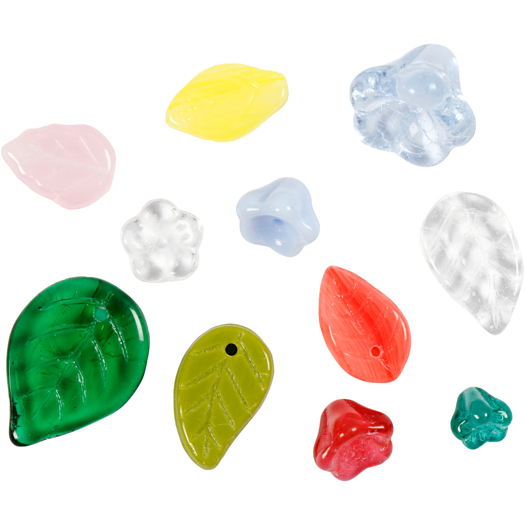 Glazen kralen, bladeren, bloemen, d 6-17 mm, gatgrootte 0,5-1,5 mm, diverse kleuren, 60 gr/ 1 doos [HOB-684260]