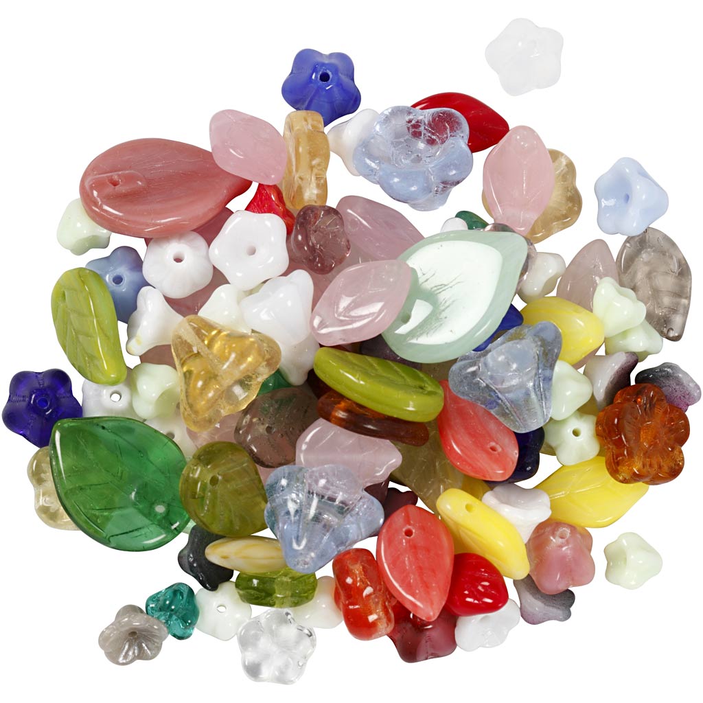Glazen kralen, bladeren, bloemen, d 6-17 mm, gatgrootte 0,5-1,5 mm, diverse kleuren, 350 gr/ 1 doos [HOB-68426]