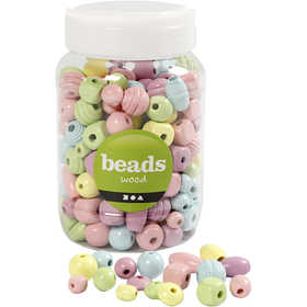 Houten kralen, d 10-15 mm, gatgrootte 3-5 mm, lichtblauw, lichtgroen, lichtrood, lichtgeel, 400 ml/ 1 emmer [HOB-684690]