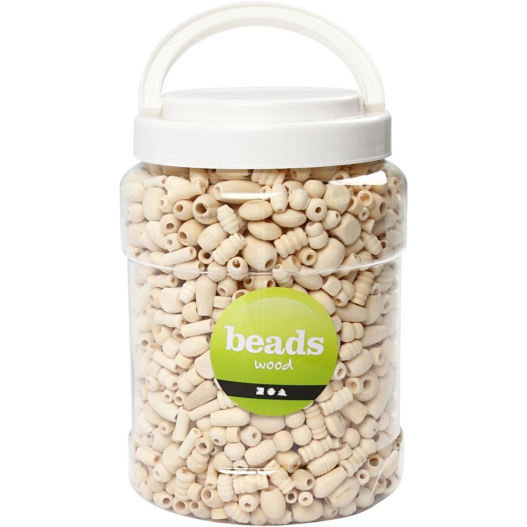 Houten kralen, afm 5-28 mm, gatgrootte 2,5-3 mm, ca. 1462 stuk, 850 gr, 2 L/ 1 emmer [HOB-68477]
