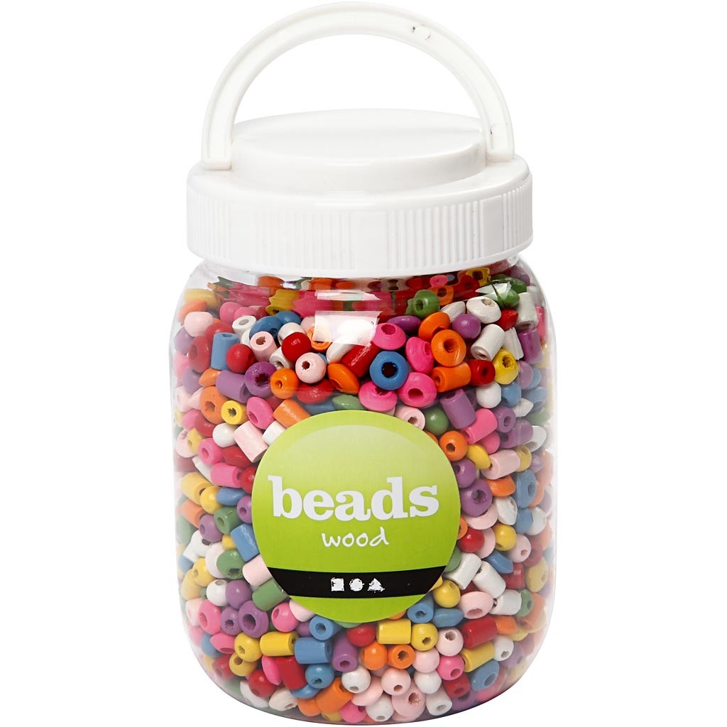 Houten kralen, d 5-8 mm, gatgrootte 1,5 mm, ca. 2170 stuk, diverse kleuren, 175 gr, 400 ml/ 1 emmer [HOB-68480]