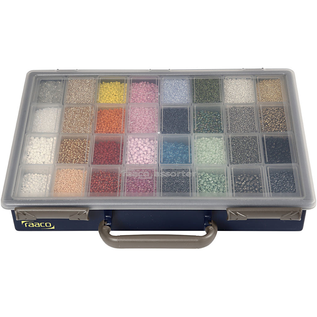 Rocailles, d 1,7+3+4 mm, afm 6/0+8/0+12/0, gatgrootte 0,5-1,2 mm, kleuren kan variëren , 32x100 gr/ 1 doos [HOB-688213]