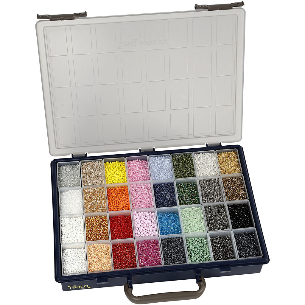 Rocailles, d 1,7+3+4 mm, afm 6/0+8/0+12/0, gatgrootte 0,5-1,2 mm, kleuren kan variëren , 32x100 gr/ 1 doos [HOB-68821]