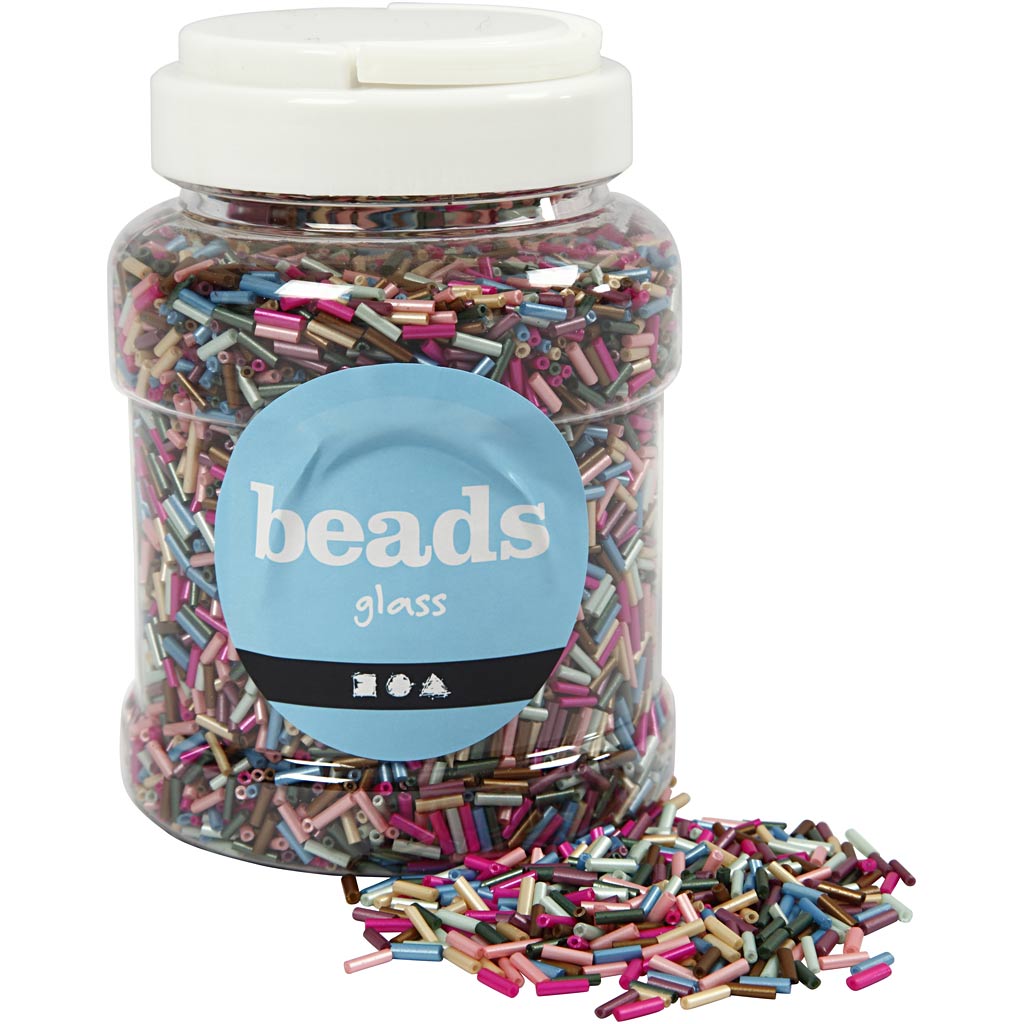 Bead Mix, L: 6 mm, dia. 1,5-2 mm, hole size 1 mm, metallic colours, 520 g/ 1 tub