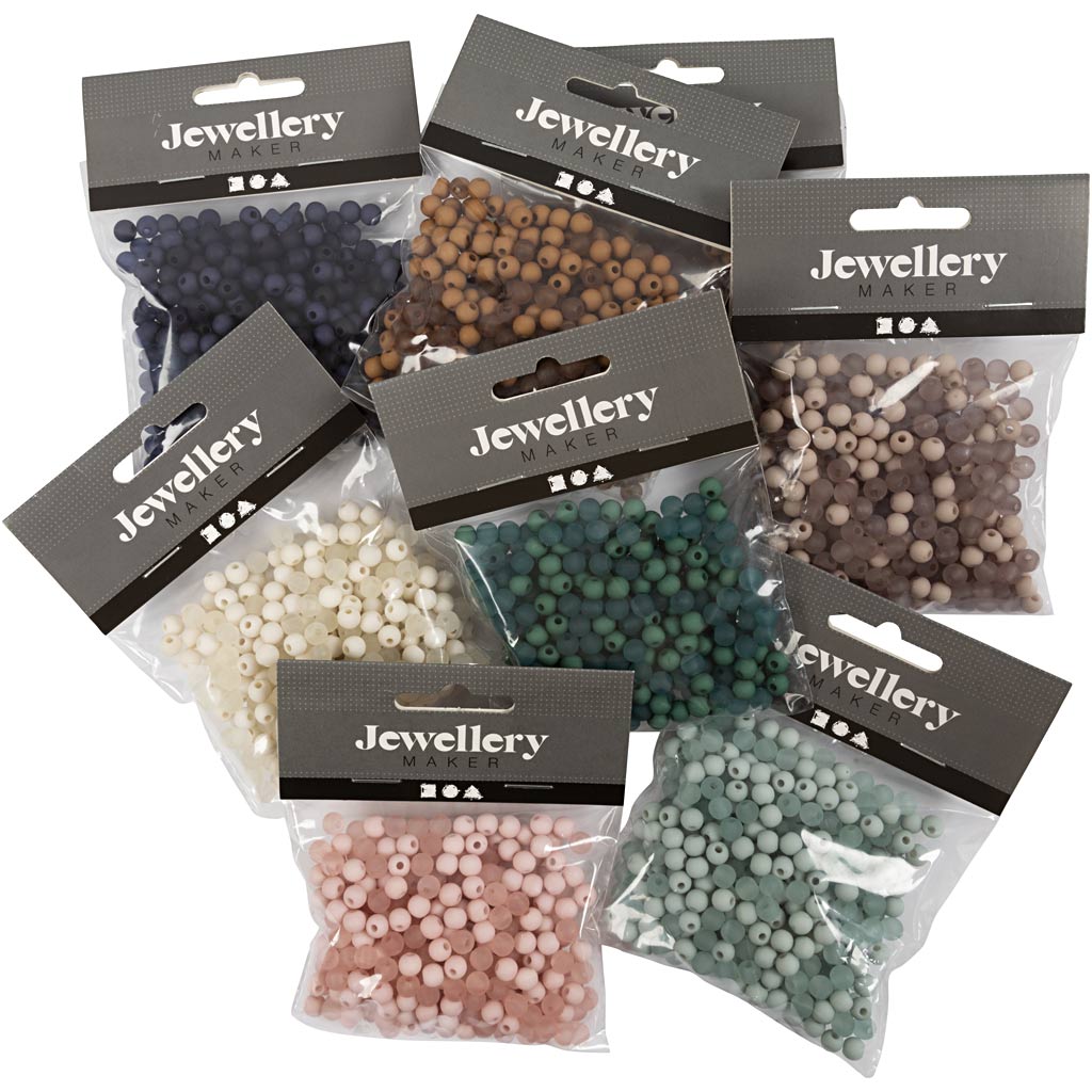 Plastic Beads, dia. 6 mm, hole size 1,5 mm, Content may vary , ca. 10x150 pc, assorted colours, 8x40 g