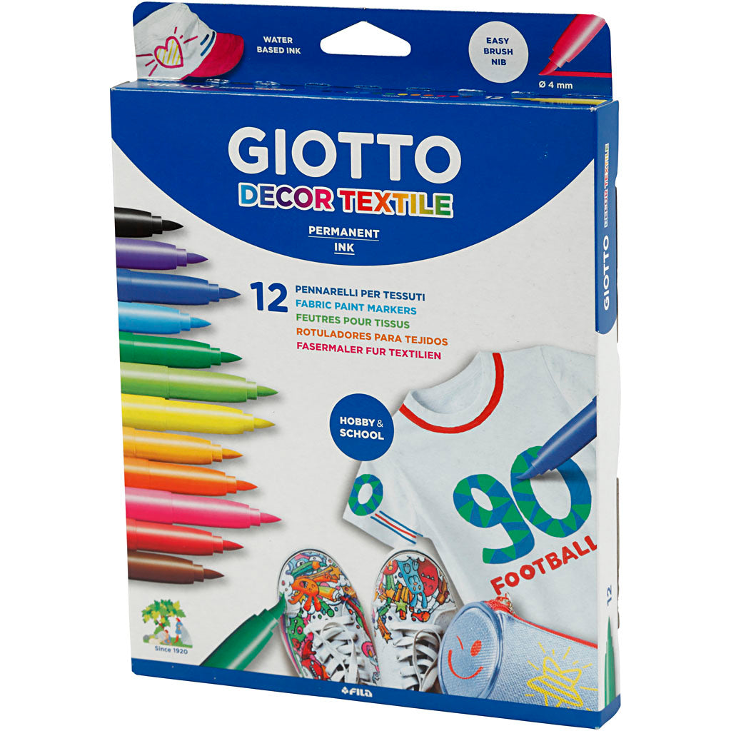 GIOTTO Textielstift, lijndikte 4 mm, diverse kleuren, 12 stuk/ 1 doos [HOB-701290]