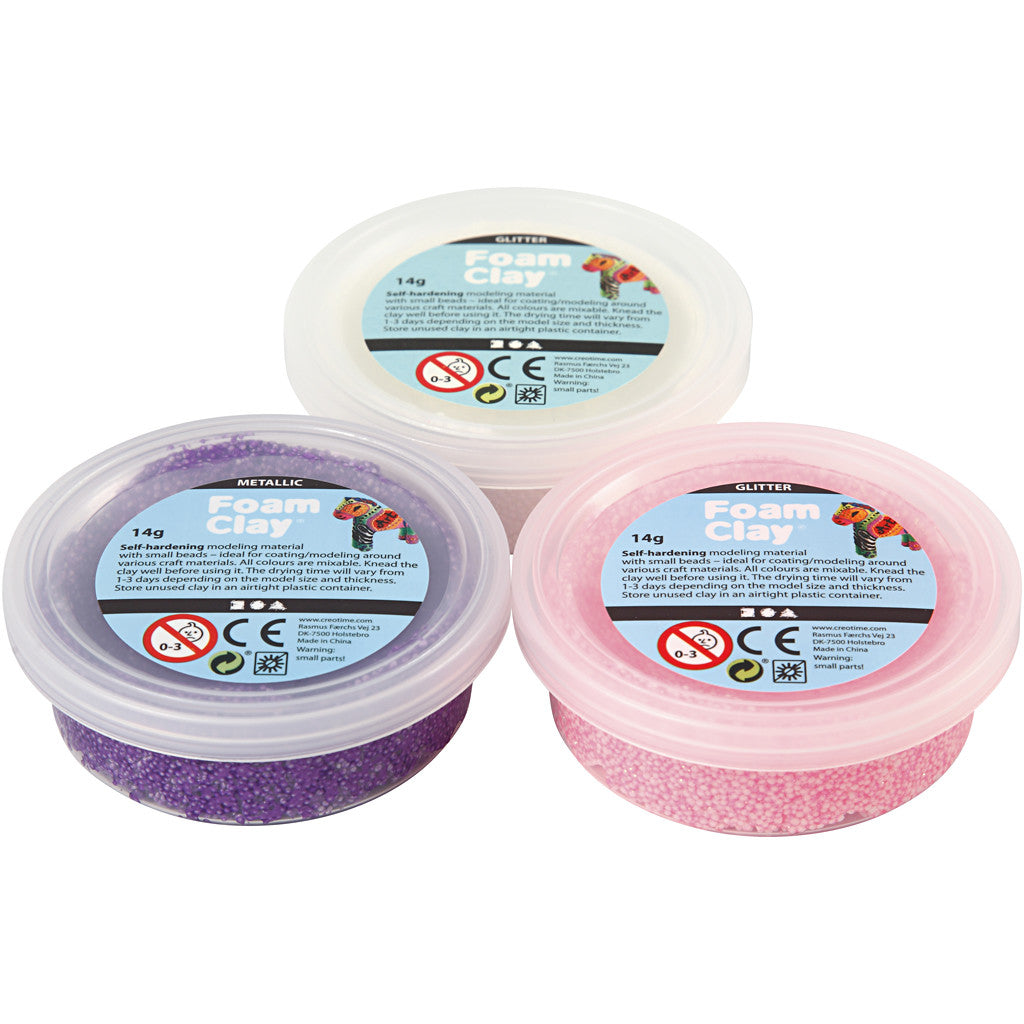 Foam Clay®, glitter,metallic, roze, paars, wit, 3x14 gr/ 1 doos [HOB-78136]