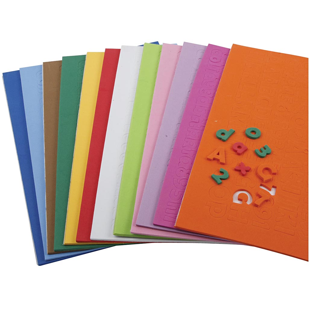 EVA Foam Cijfers & Letters, H: 20 mm, dikte 3 mm, diverse kleuren, 24 div vellen/ 1 doos [HOB-79008]