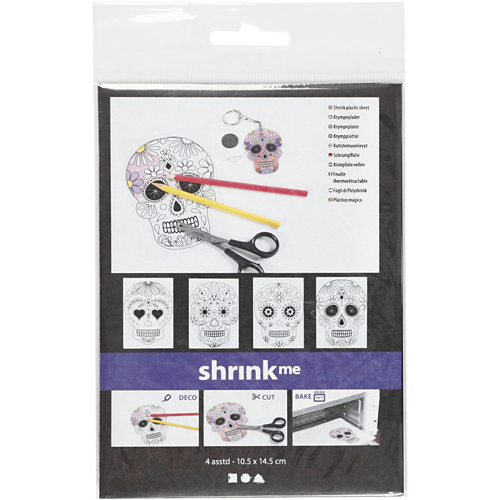 Vellen krimpfolie met motieven, doodskoppen, vel 10,5x14,5 cm, dikte 0,3 mm, mat transparant, 4 vel/ 1 doos [HOB-79068]