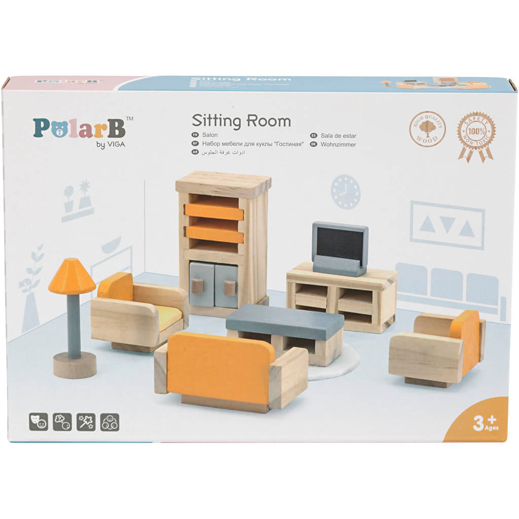 VIGA Meubilair voor poppenhuis, Woonkamer, afm 2x2x7,5 cm, 8 onderdelen/ 1 set [HOB-906692]
