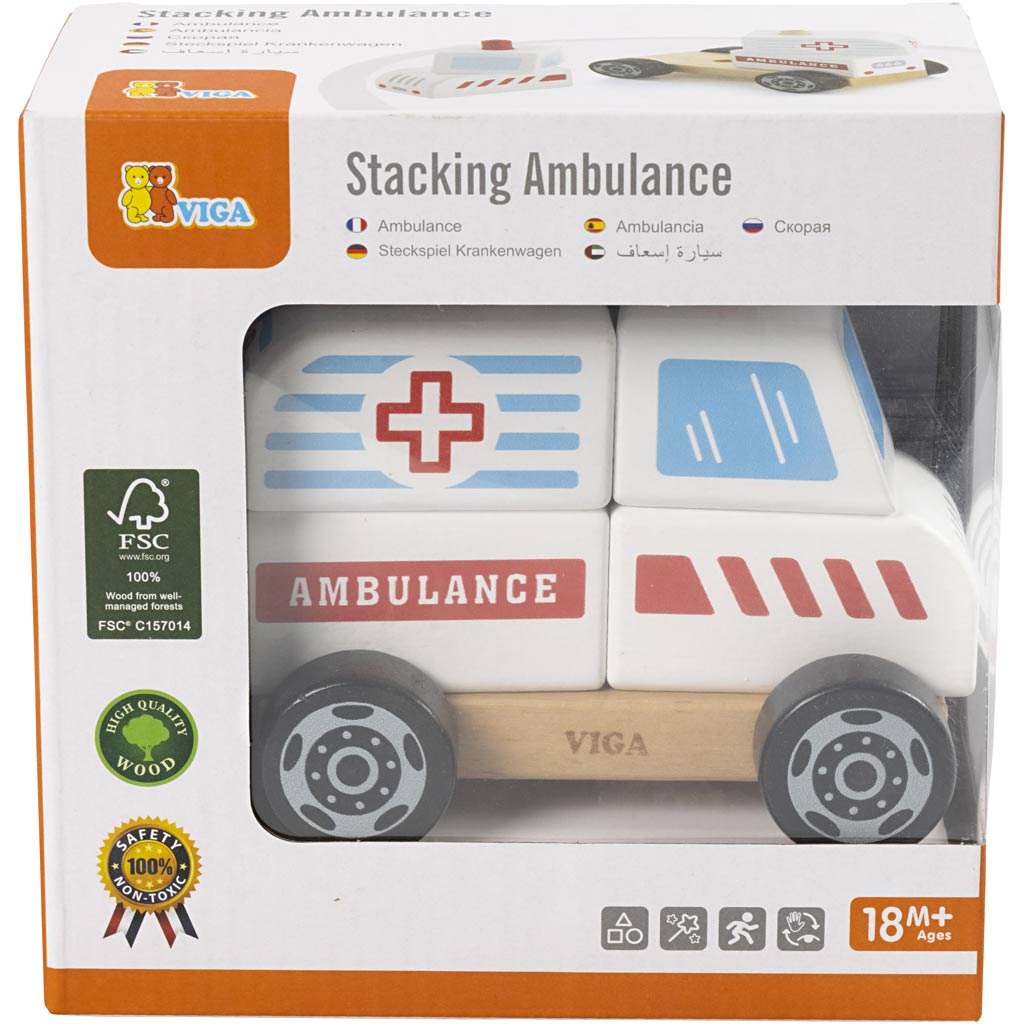 VIGA houten stapelbare ambulance speelgoed, ambulance, afm 13x10x8 cm, 1 stuk [HOB-907664]