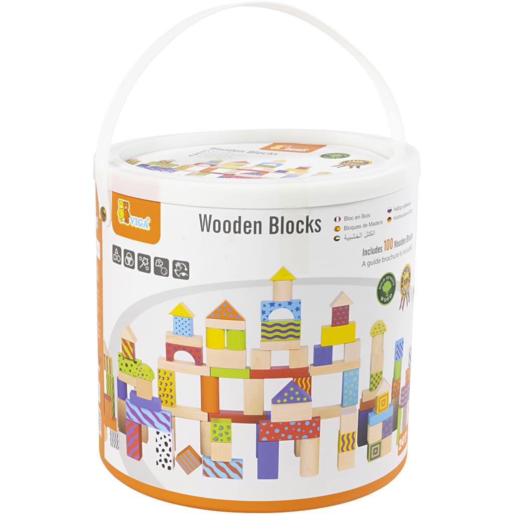 VIGA houten blokken met patroon, afm 3 cm, diverse kleuren, 100 onderdelen/ 1 set [HOB-907730]