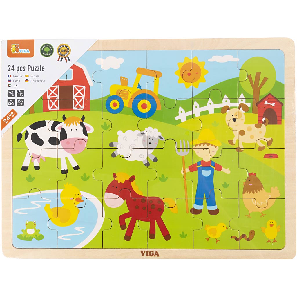 VIGA Houten Legpuzzels, boerderijdieren, afm 30x22,5 cm, 24 delen, 1 stuk [HOB-907789]