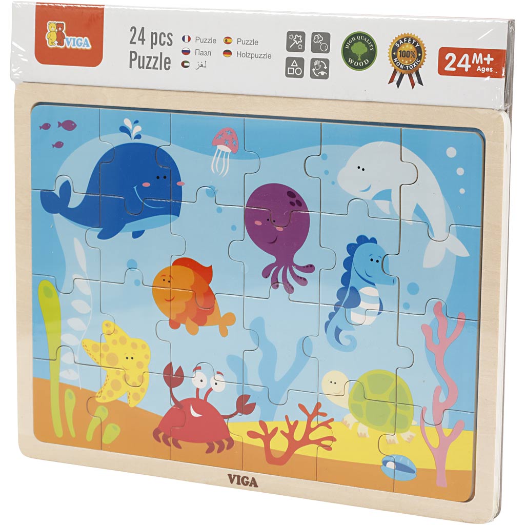 VIGA Houten Legpuzzels, zeedieren, afm 30x22,5 cm, 24 delen, 1 stuk [HOB-907791]